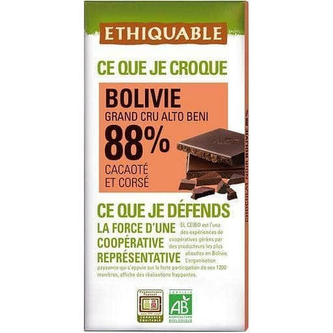 Ethiquable Tablette de chocolat noir bio 88% cacao Bolivie grand cru 100g freeshipping - Mon Panier Latin