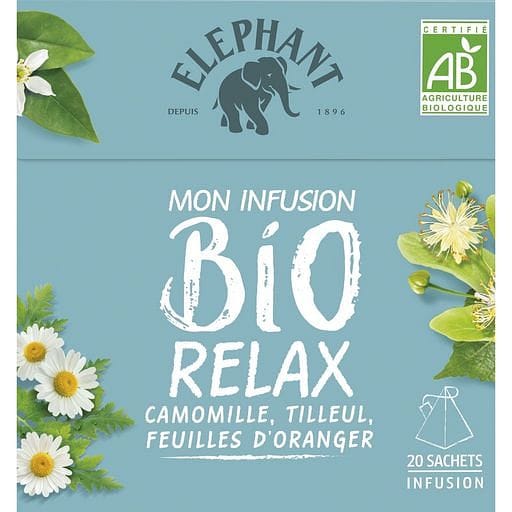 Elephant Infusion bio relax, camomille tilleul et feuilles d'oranger 20  sachets 30g